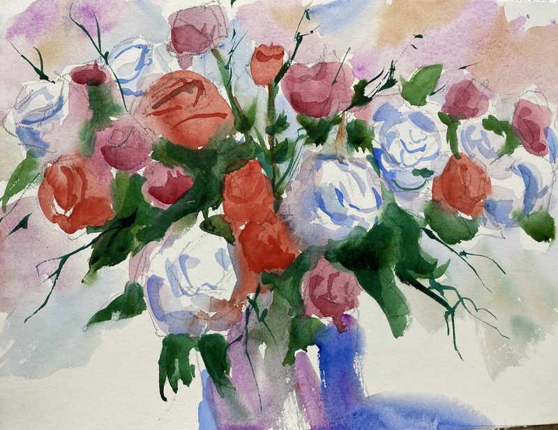 a watercolor painting of red and white roses. Roses are red.