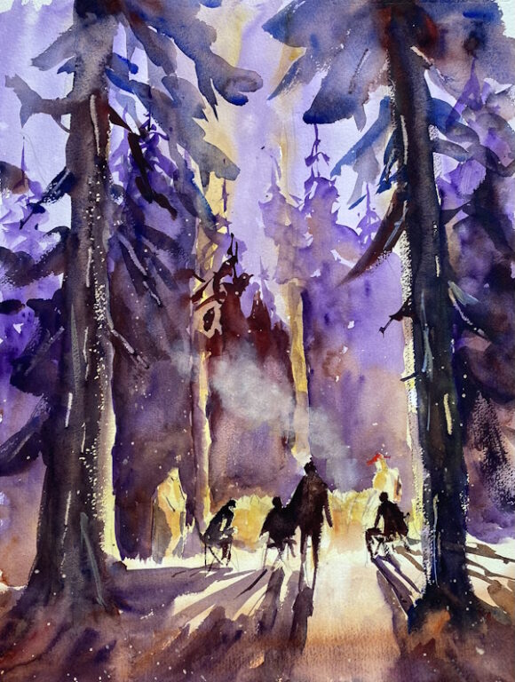 Watercolor painting of campers around a campfire underneath tall fir trees