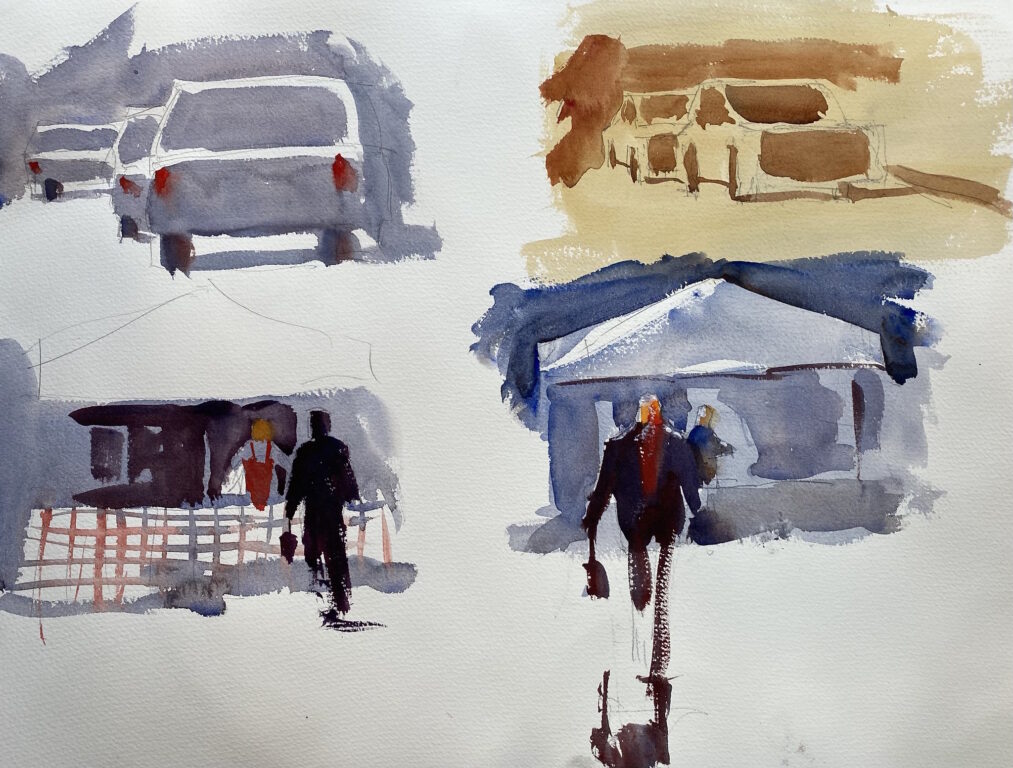Watercolor sketches of figures and cars