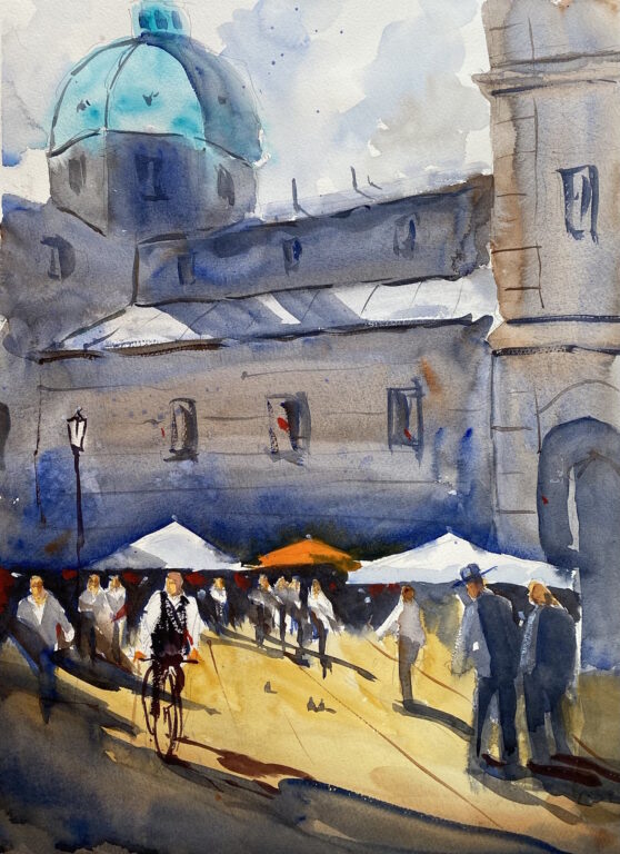 Watercolor painting of campers around a campfire underneath tall fir trees