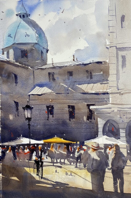 Watercolor painting of a plaza in Europe with pedestrians and a bicyclist