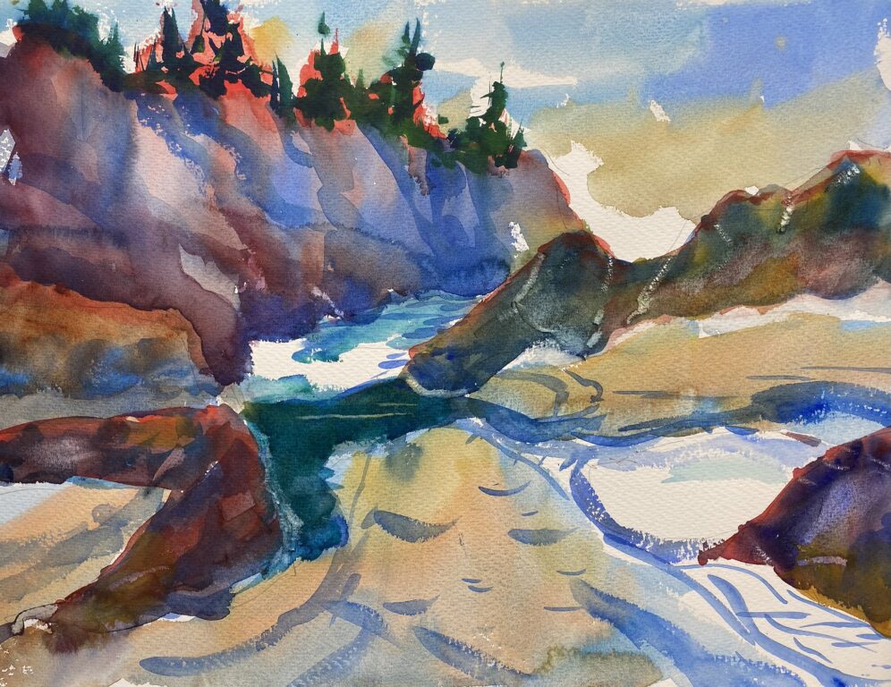 Watercolor painting of cliffs above the sea and sand on the shore