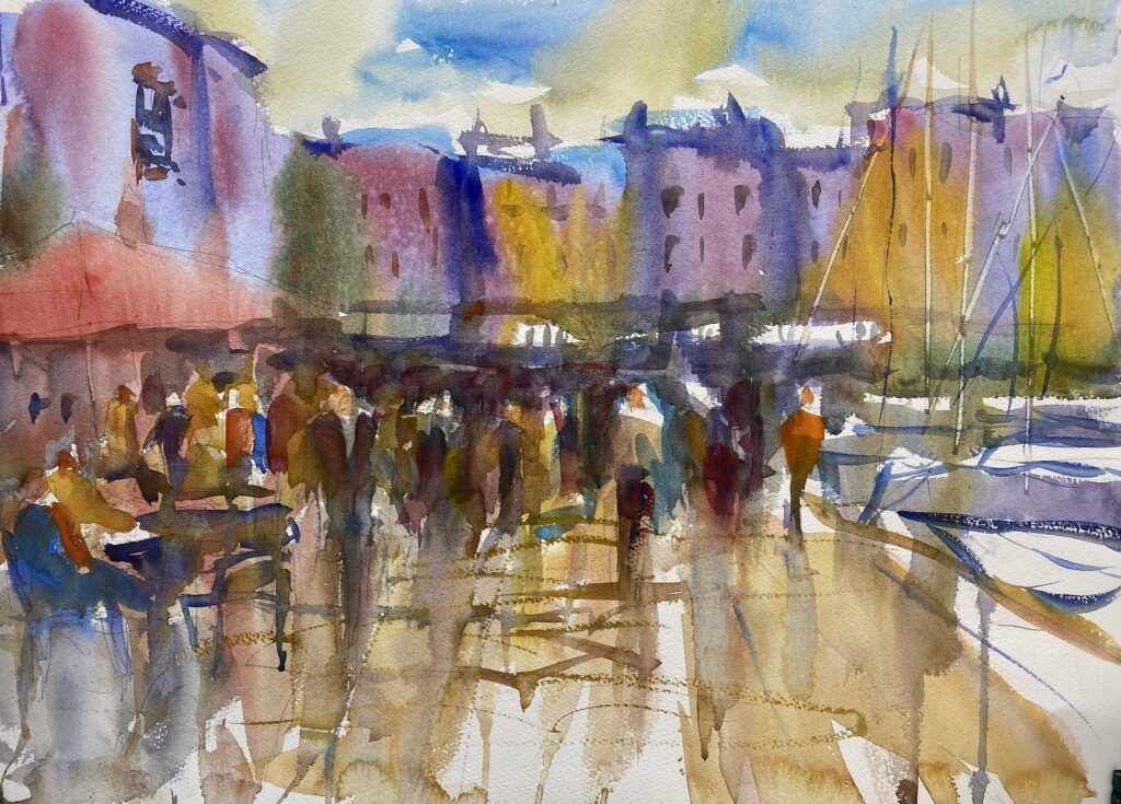 Watercolor painting of a street scene with people walking