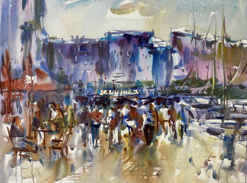 Watercolor painting of a street scene with people walking