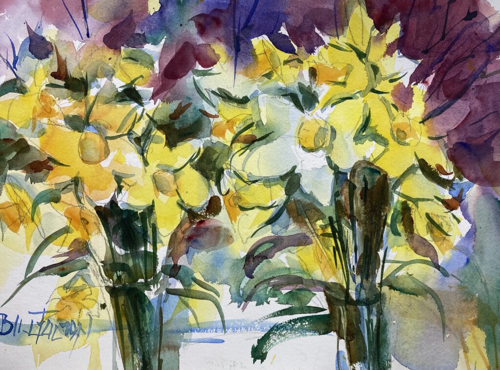 watercolor painting of two vases of daffodils
