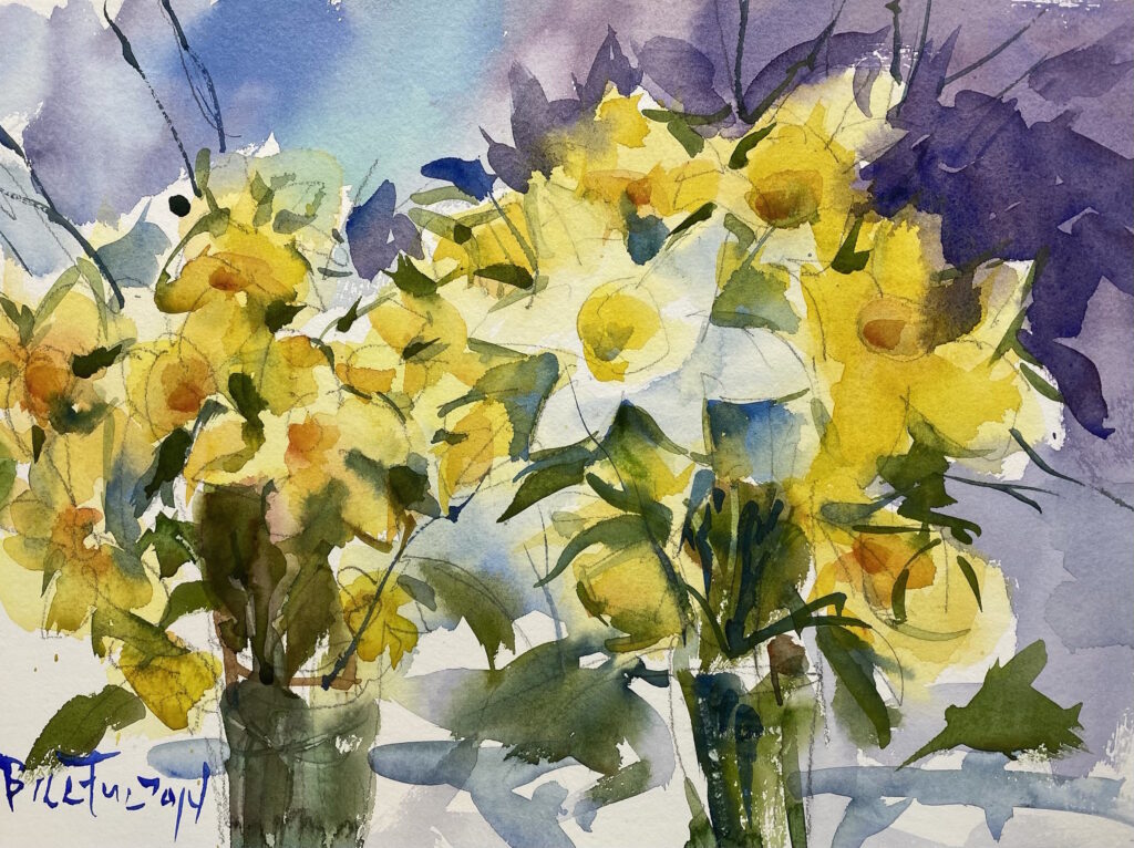 watercolor painting of two vases of daffodils