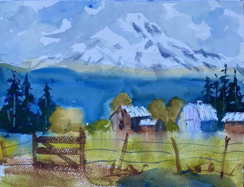 A watercolor painting of Mt. Hood and barns