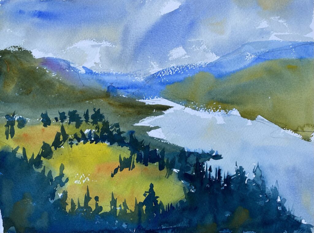 A watercolor painting of the Columbia River Gorge