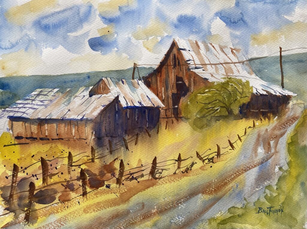 A watercolor painting of the barns at Dalles Mountain Ranch