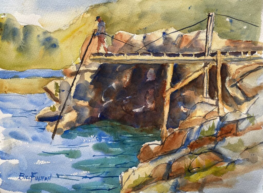 A watercolor painting of a Yakima fishing platform