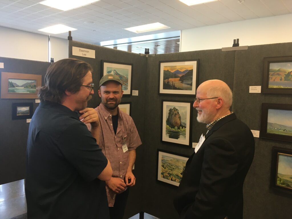 A watercolor painting of three men at an art exhibit
