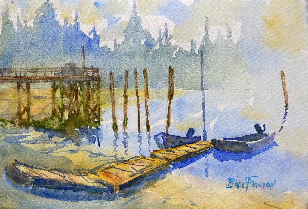 Two skiffs at a dock in a remote bay in the Pacific Northwest