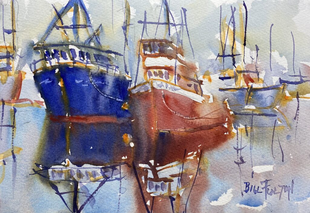 Two fishing boats at a dock in Seattle on a misty day